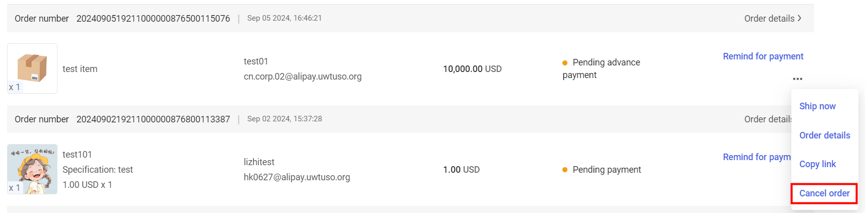 Cancel Order Option 1