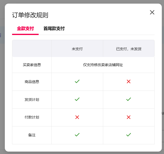 全款订单修改规则界面